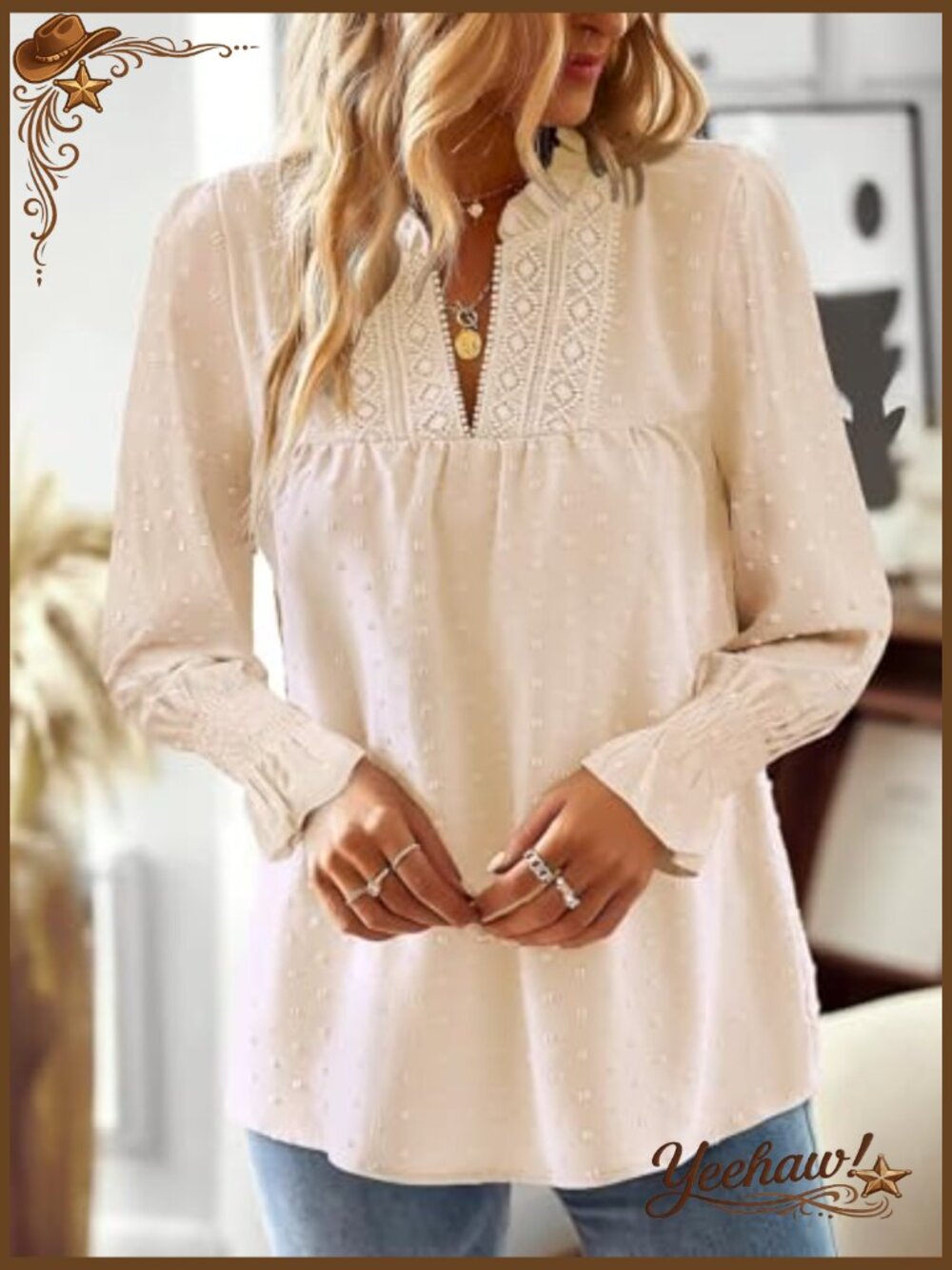 Women's V Neck Lace Boho Long Sleeve Swiss Dot Blouse Tunic Top - Picture 5 of 7